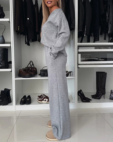 Women's Two-piece Set V Neck Drop Shoulder Long Sleeve Top and High Waist Wide Leg Pants