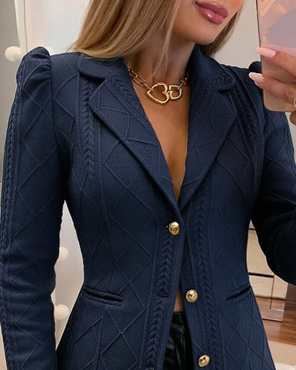 Blazer elegante de mujer con textura de cuadros de rombos, corte entallado, mangas abullonadas y botones dorados, chaqueta de traje para oficina con bolsillos