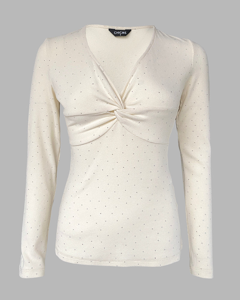 V-Neck Twisted Rhinestone Decor Top Slim Fit Pullover Ribbed Blouse