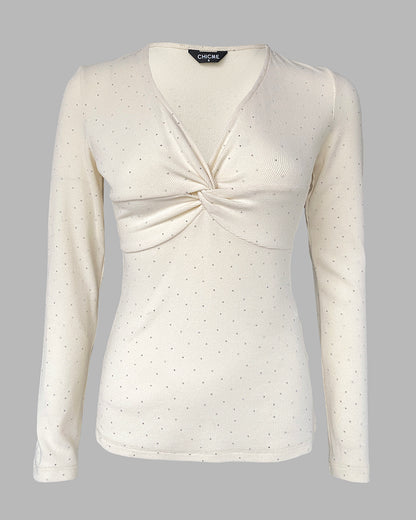 V-Neck Twisted Rhinestone Decor Top Slim Fit Pullover Ribbed Blouse