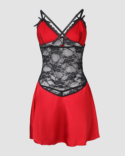 Contrast Lace Crisscross Babydoll Without Thong