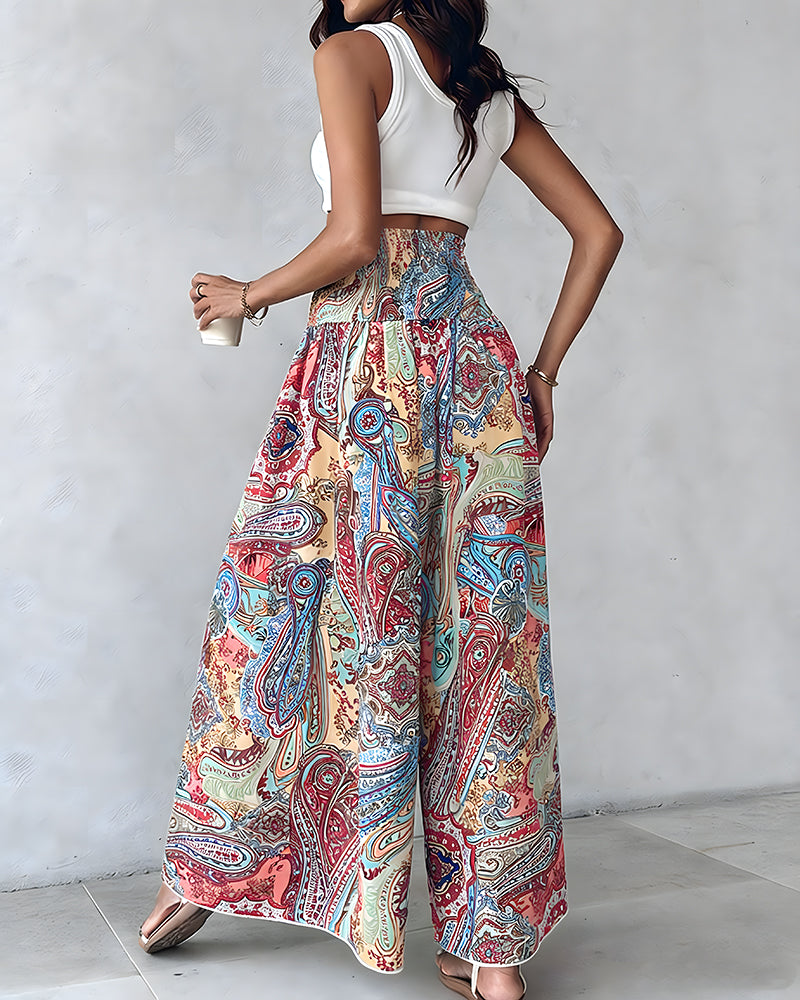 CHICME Women's Vintage Print Wide Leg Pants High Waisted Shirred Waist A-Line Trousers Flowy Boho Vacation Palazzo Pants