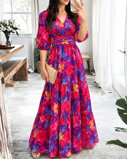 Vestido largo de gasa para mujer con flores vintage, escote en V, mangas abullonadas, cintura fruncida elástica y volantes