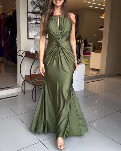 Satin Sleeveless Hollow-out Twist Front Evening Dress Tied Detail Backless Zipper Back Mermaid Hem Dress