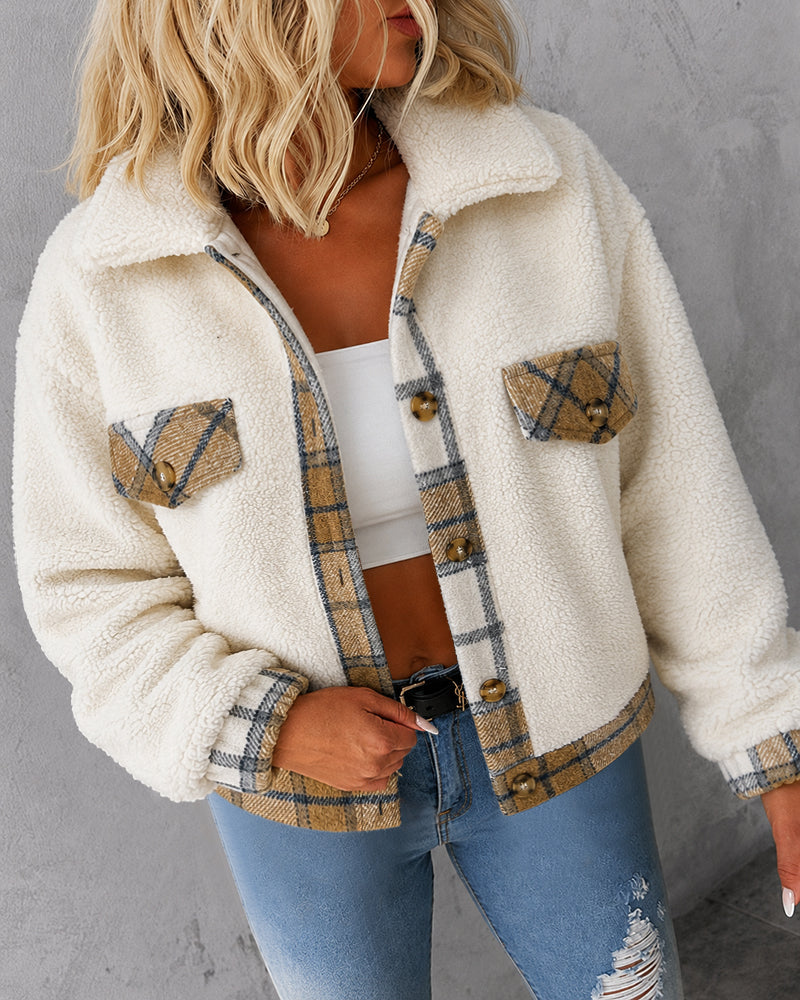 Women's Crop Sherpa Jacket Plaid Trim Fleece Coat Button Down Lapel Fluffy Outerwear