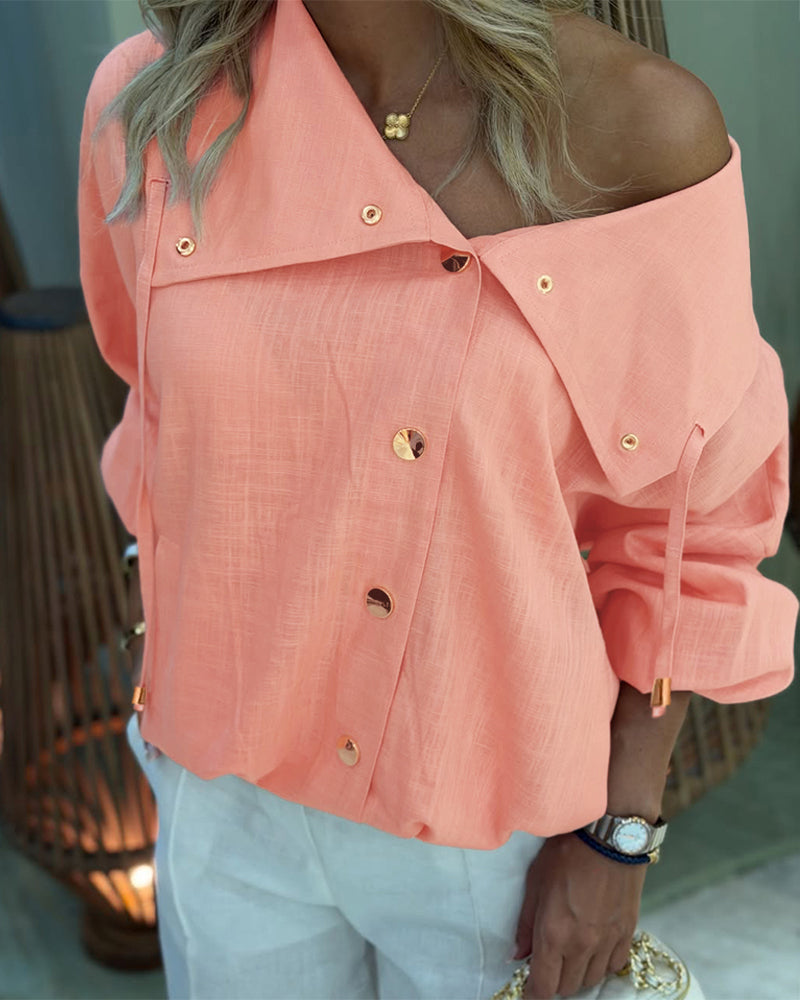 Women's Turn-down Collar Long Sleeve Blouse Casual Gold Button Loose Drawstring Shirt