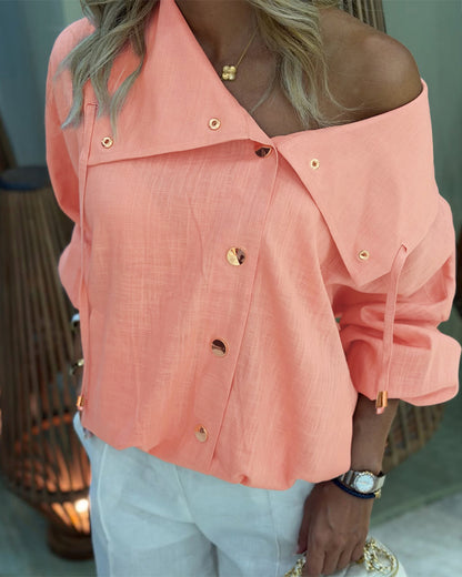 Women's Turn-down Collar Long Sleeve Blouse Casual Gold Button Loose Drawstring Shirt