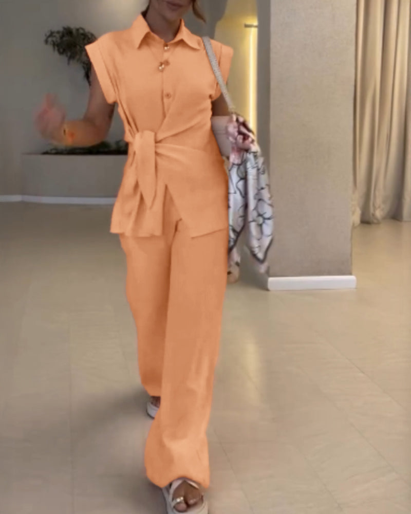 2 Pieces Outfit Turn-down Collar Cap Sleeve Button Front Tied Detail Top and Casual Zipper Fly Elastic Back Waist Wide-Leg Pants Set
