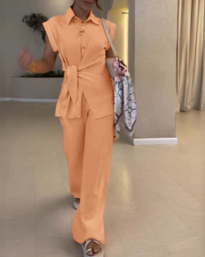 2 Pieces Outfit Turn-down Collar Cap Sleeve Button Front Tied Detail Top and Casual Zipper Fly Elastic Back Waist Wide-Leg Pants Set
