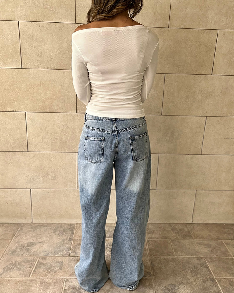 Skew Neck Long Sleeve Ruched Tee Casual Slim Fit Top with Thumb Hole Cuffs