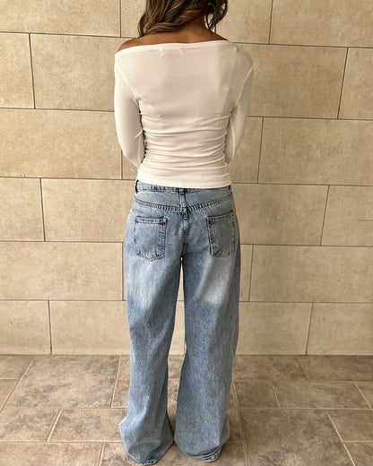 Skew Neck Long Sleeve Ruched Tee Casual Slim Fit Top with Thumb Hole Cuffs