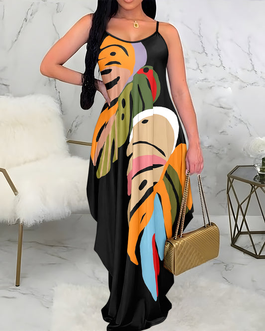 Colorful Monstera Print U-Neck Adjustable Spaghetti Straps Loose Fit Maxi Dress with Pockets