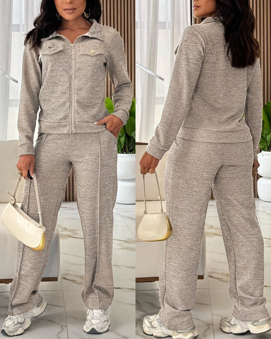 Women's Casual Tracksuit Set Zip Up Long Sleeve Lapel Jacket and High Waisted Straight Leg Pants Lounge Set with Pockets