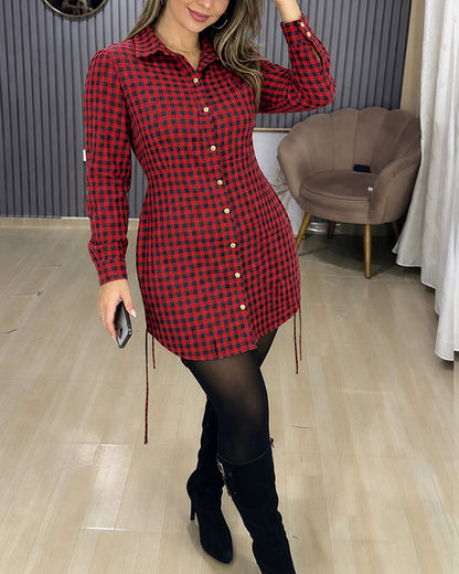 Women's Vintage Plaid Drawstring Long Sleeve Casual Dress Shirred Button Down Shirt Dress