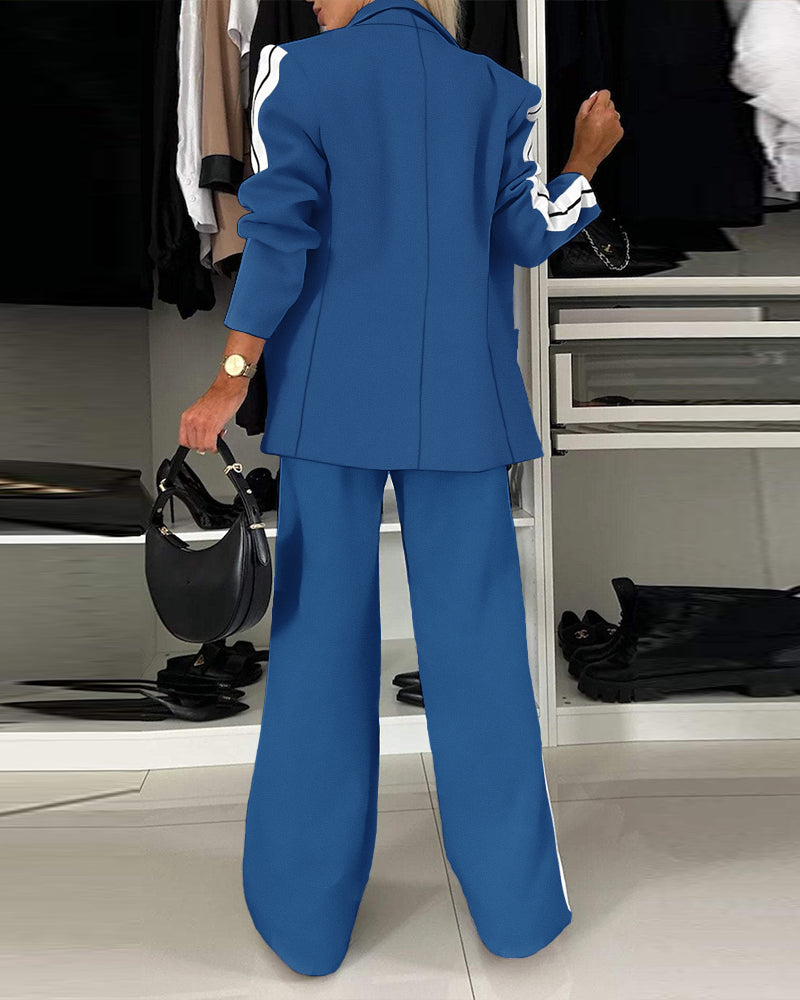 2 Pieces Outfit Notched Collar Single Breasted Pockets Design Coat And Elastic Waist Seam Front Wide Leg Pants Set Casual Contrast Side Striped Blazer Set