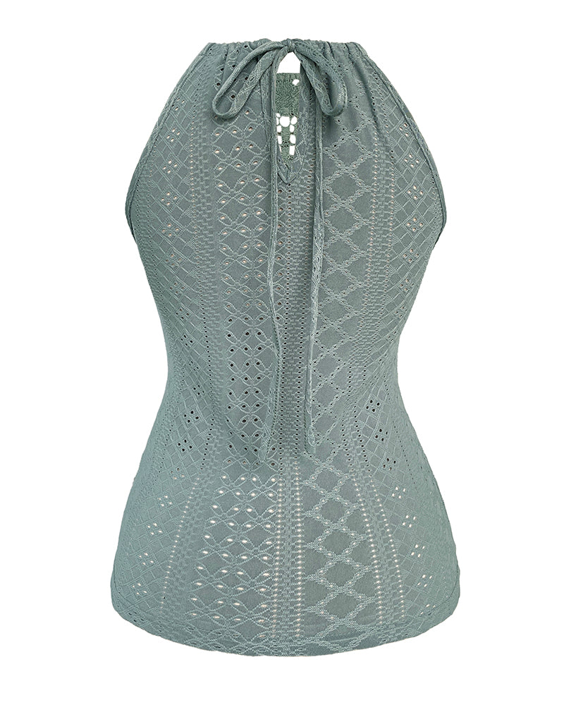 Halter Lace Up Water Soluble Lace Trim Sleeveless Tank Jacquard Casual Slim Fit Knit Top