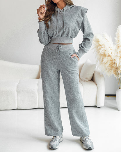 2 Pieces Outfit Long Sleeve Crop Drawstring Hoodie Sweatshirt With Thumb Hole Cuffs And Casual Drawstring Elastic Waist Wide Leg Sweatpants Set