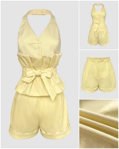 2 Pieces Outfit V Neck Button Front Bow Tie Back Sleeveless Backless Top And Casual Elastic Back Waist Zipper Fly Shorts Set