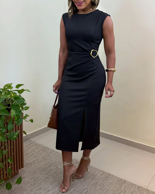 Women's Sleeveless Midi Dress Gold Buckle Ruched Front Slit Bodycon Dress
