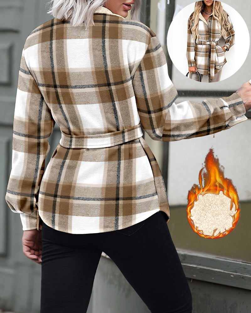 Plaid Pattern Reversible Fleece Teddy Coat Button Down Tied Detail Warm Jacket