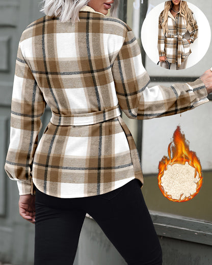 Plaid Pattern Reversible Fleece Teddy Coat Button Down Tied Detail Warm Jacket