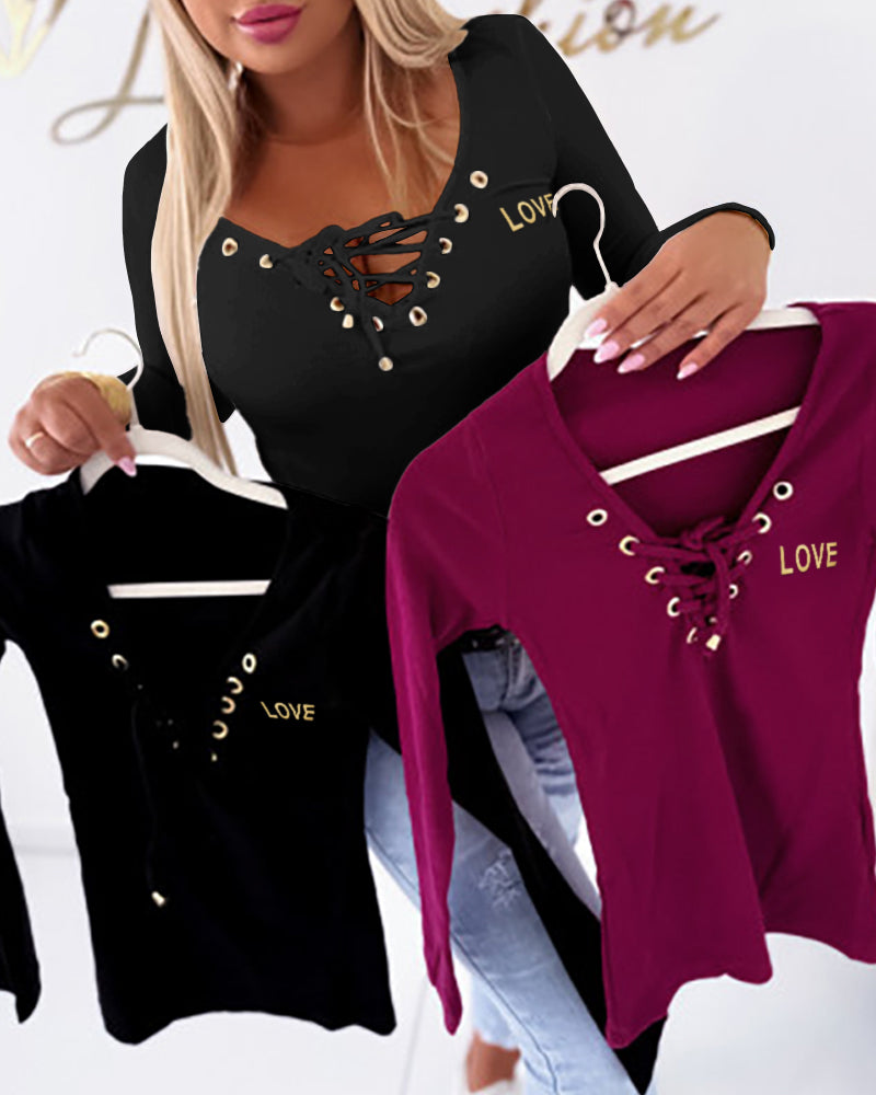 Lace-Up V-Neck Long Sleeve Ribbed Knit Shirt Casual Slim Fit Top