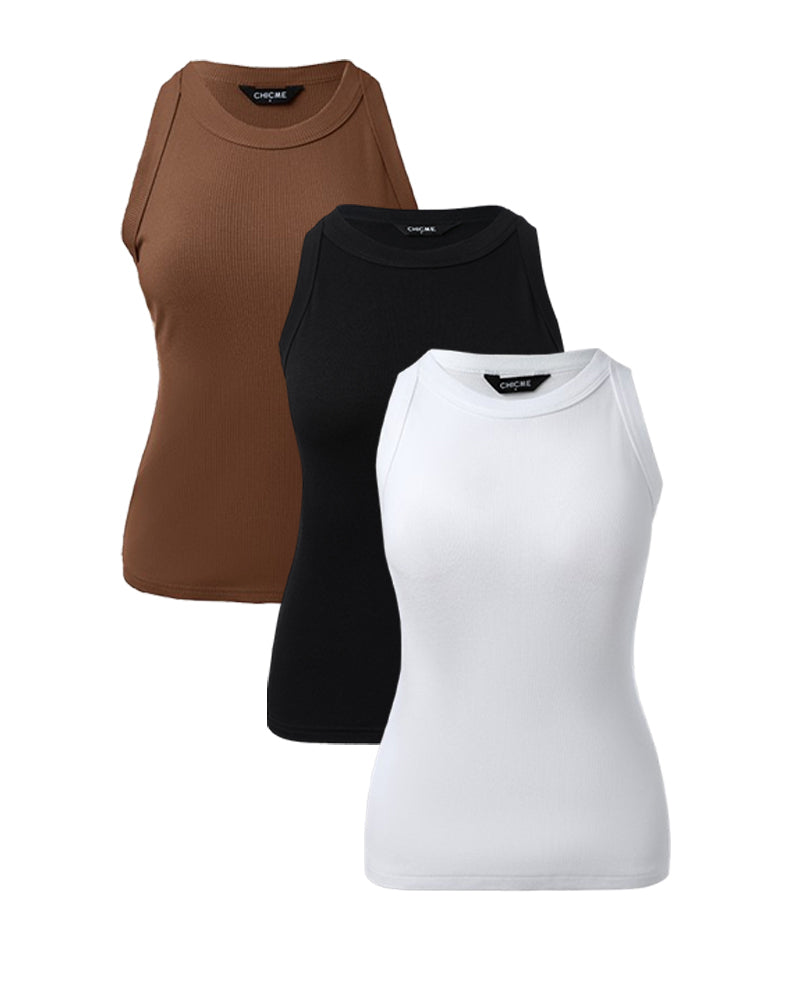 3 Pack Knit Round Neck Thick Strap Racerback Tank Tops(Without Pads)