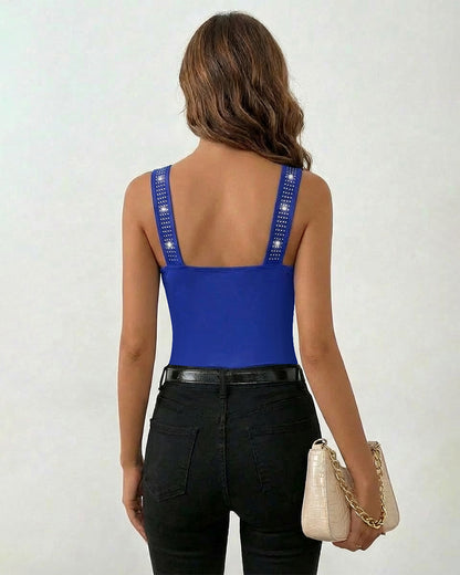 Rhinestone Decor Square Neck Thick Strap Backless Slim Fit Tank Top