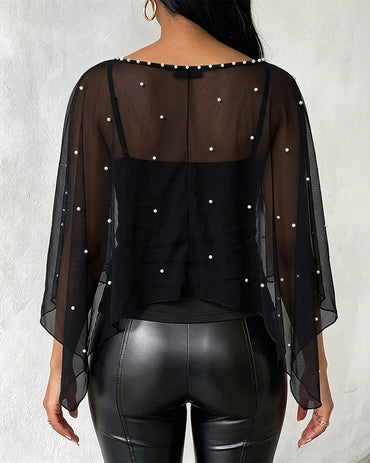 Women's 2 Piece Set Split Sleeve Pearl Sheer Chiffon Cape Top with Cami Top