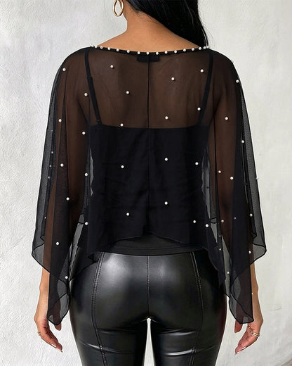 Women's 2 Piece Set Split Sleeve Pearl Sheer Chiffon Cape Top with Cami Top