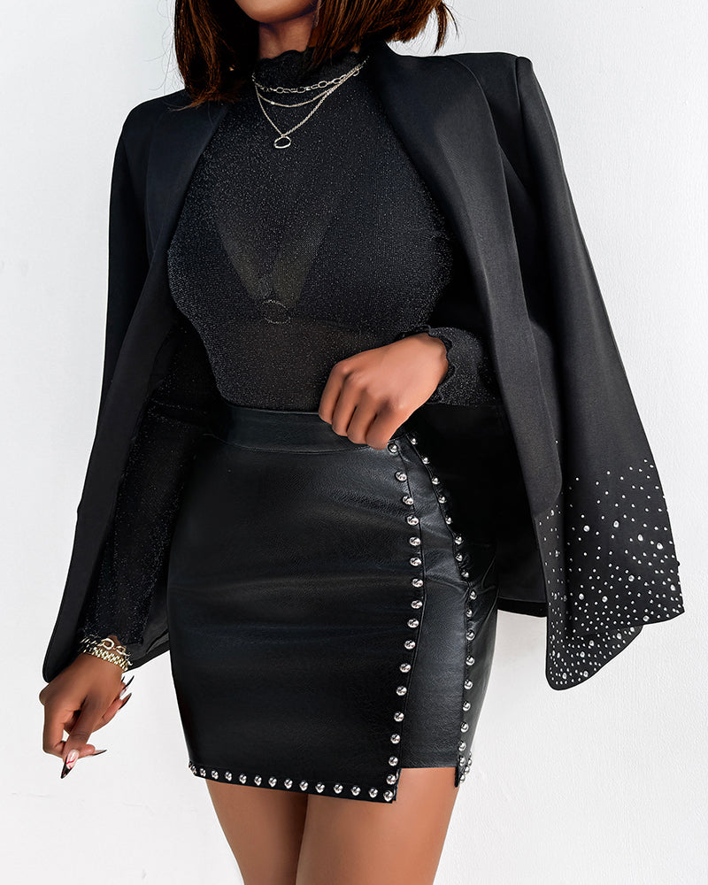 PU Leather Studded High Waist A Line Skirt Asymmetrical Hem Zipper Back Bodycon Mini Skirt