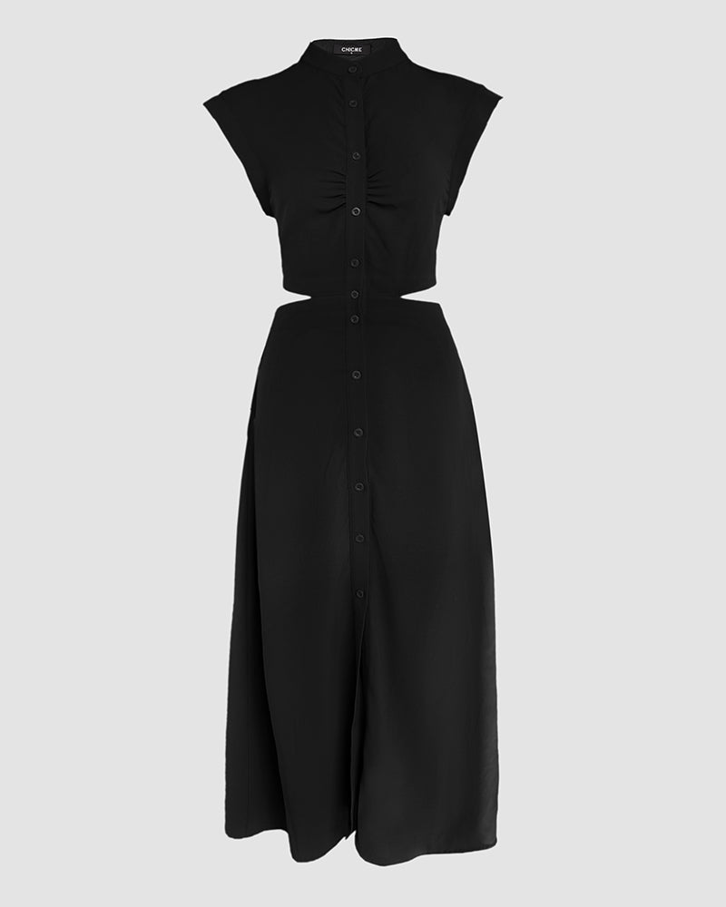 Solid Color Cutout Button Down Elastic Waist Back Versatile Casual Dress Vocation Maxi Dress