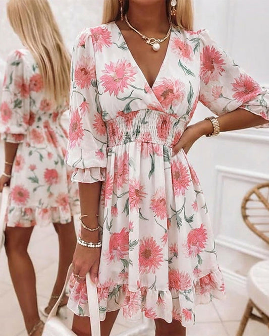 Floral Print Overlap Deep V-Neck Half Sleeve Shirred Waist A Line Dress Casual Flared Cuffs Ruffle Hem Chiffon Dress