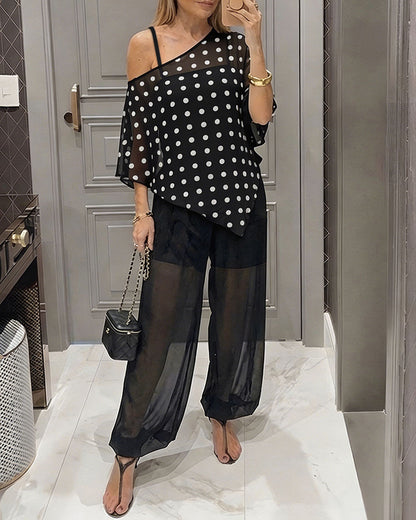 Women's 3 Piece Outfits Polka Dot Skew Neck Cape Top and Sheer Lantern Pants Set with Camisole Liner Party Clubwear