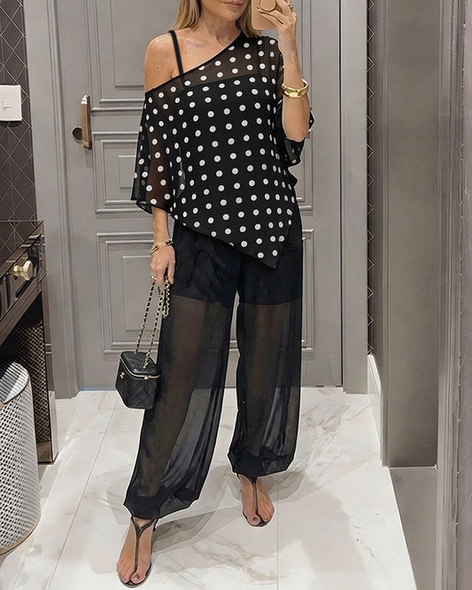 Women's 3 Piece Outfits Polka Dot Skew Neck Cape Top and Sheer Lantern Pants Set with Camisole Liner Party Clubwear