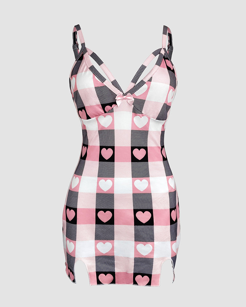 Bowknot Decor Heart & Plaid Print V Neck Adjustable Spaghetti Straps Nightgown Sexy Slim Fit Asymmetrical Hem Night Dress with Matching Panties