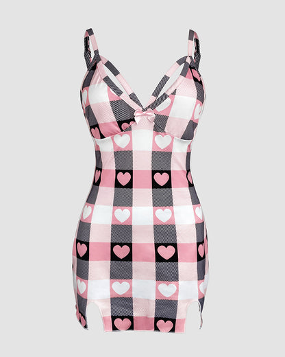 Bowknot Decor Heart & Plaid Print V Neck Adjustable Spaghetti Straps Nightgown Sexy Slim Fit Asymmetrical Hem Night Dress with Matching Panties