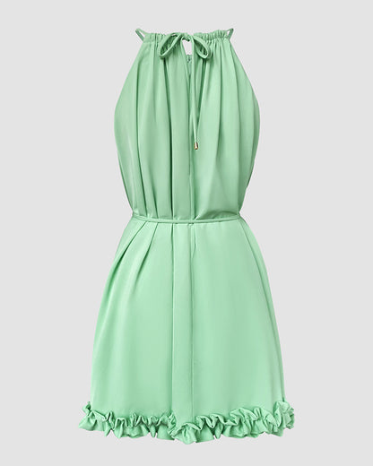 Halter Tie Sleeveless Cinched Waist Ruffle Trim Party Dress Casual Tie Waist Ruched Vacation Dress with Built-In Shorts