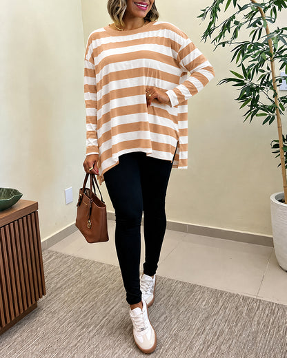 Women's Striped T Shirt Long Sleeve Drop Shoulder Crewneck Tee Side Slit Casual Loose Fit Top