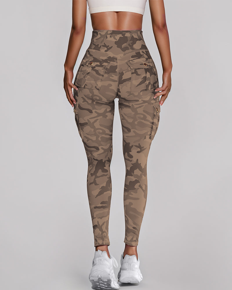 Camouflage Print High Waist Skinny Leggings with Cargo Flap Pockets Casual Pants