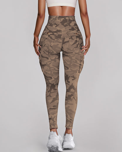 Camouflage Print High Waist Skinny Leggings with Cargo Flap Pockets Casual Pants