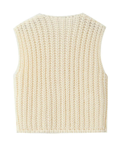 V-Neck Sleeveless Button Front Knit Vest Casual Loose Fit Sweater Top with Pockets