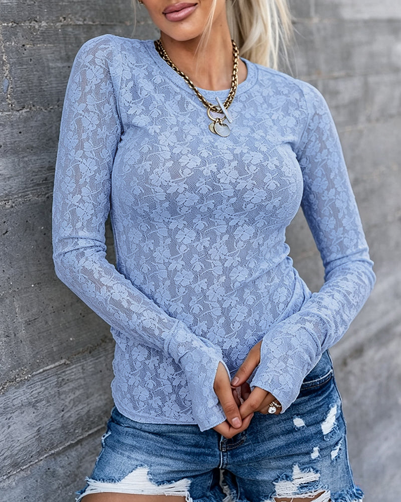 Top de manga larga transparente con encaje floral para mujer con orificios para el pulgar