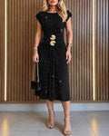 Women's Glitter Round Neck Cap Sleeve Gold Buckle Midi Dress Ruched Slit Evening Dress