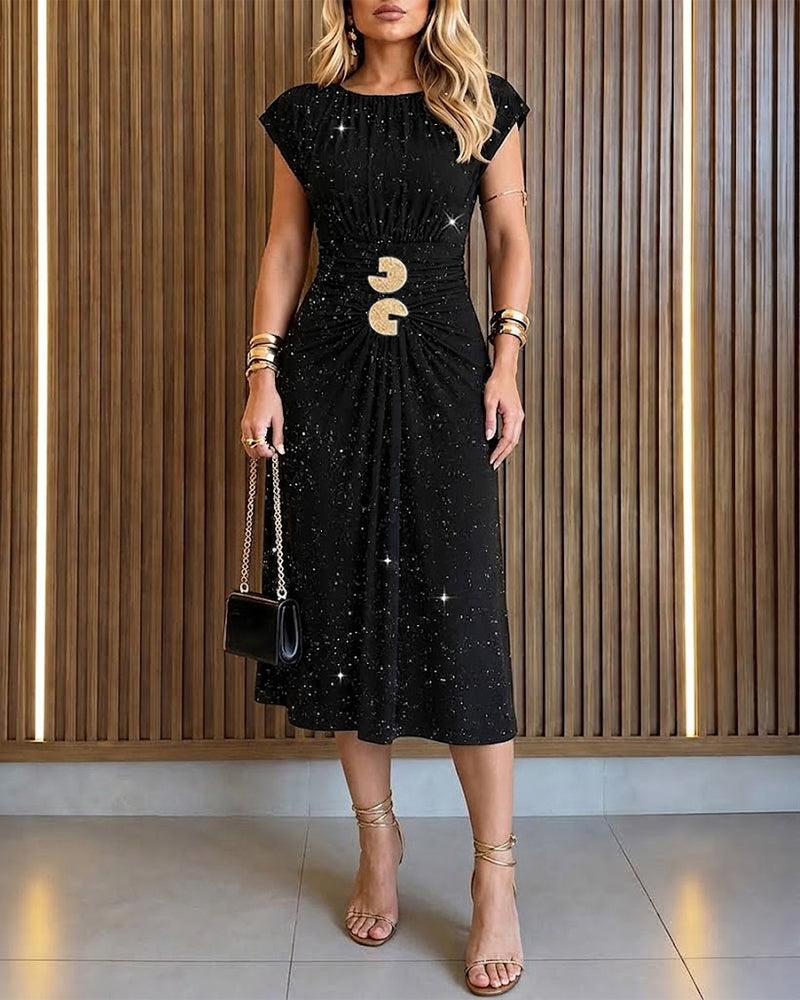 Women's Glitter Round Neck Cap Sleeve Gold Buckle Midi Dress Ruched Slit Evening Dress