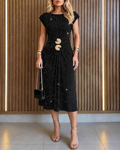 Women's Glitter Round Neck Cap Sleeve Gold Buckle Midi Dress Ruched Slit Evening Dress