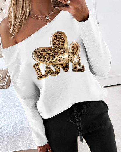 2 Piece Leopard Heart Love Print Skew Neck Top Drawstring Waist Pants Casual Tracksuit Set