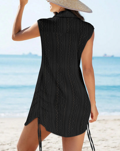 Women's Lapel V Neck Jacquard Beach Cover Up Eyelet Embroidery Cap Sleeve Ruched Drawstring Side Mini Dress