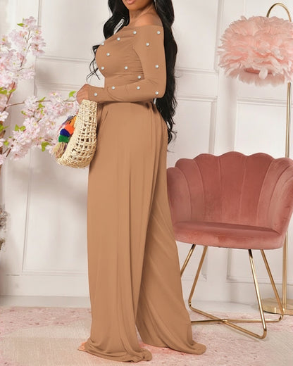 Pearls Decor Skew Neck Long Sleeve Cinched Waist Overalls Casual Ruched Zipper Back Wide Leg Jumpsuit