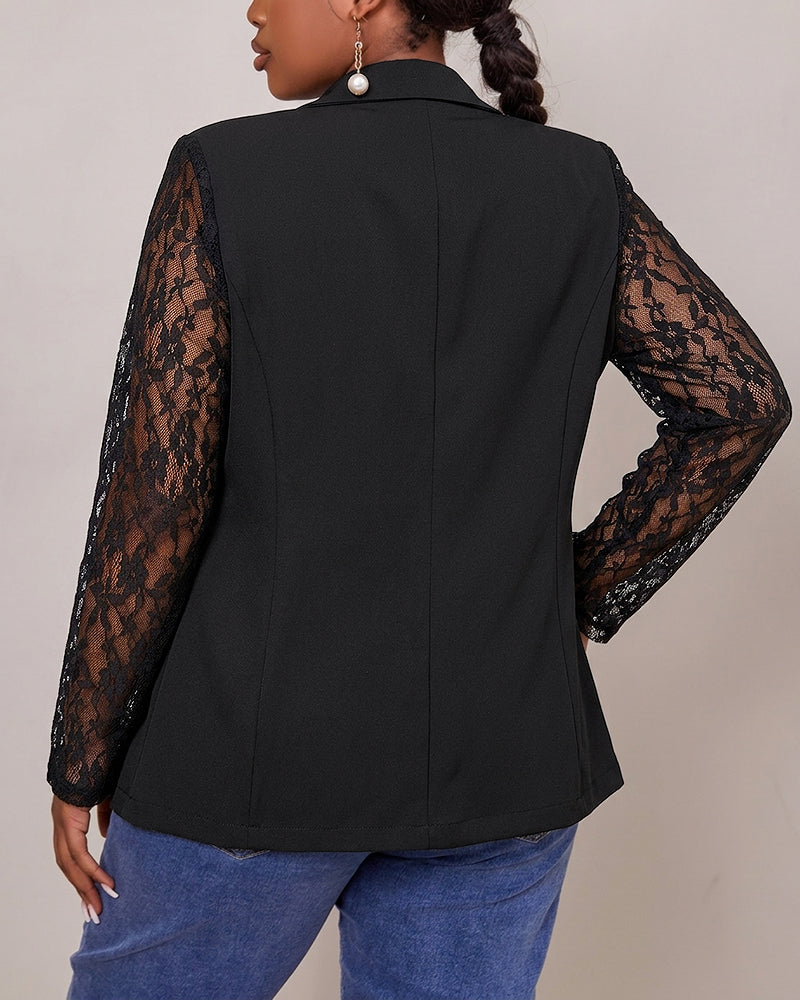 Women's Lace Patchwork Blazer Elegant Sheer Sleeve Single Breasted Coat